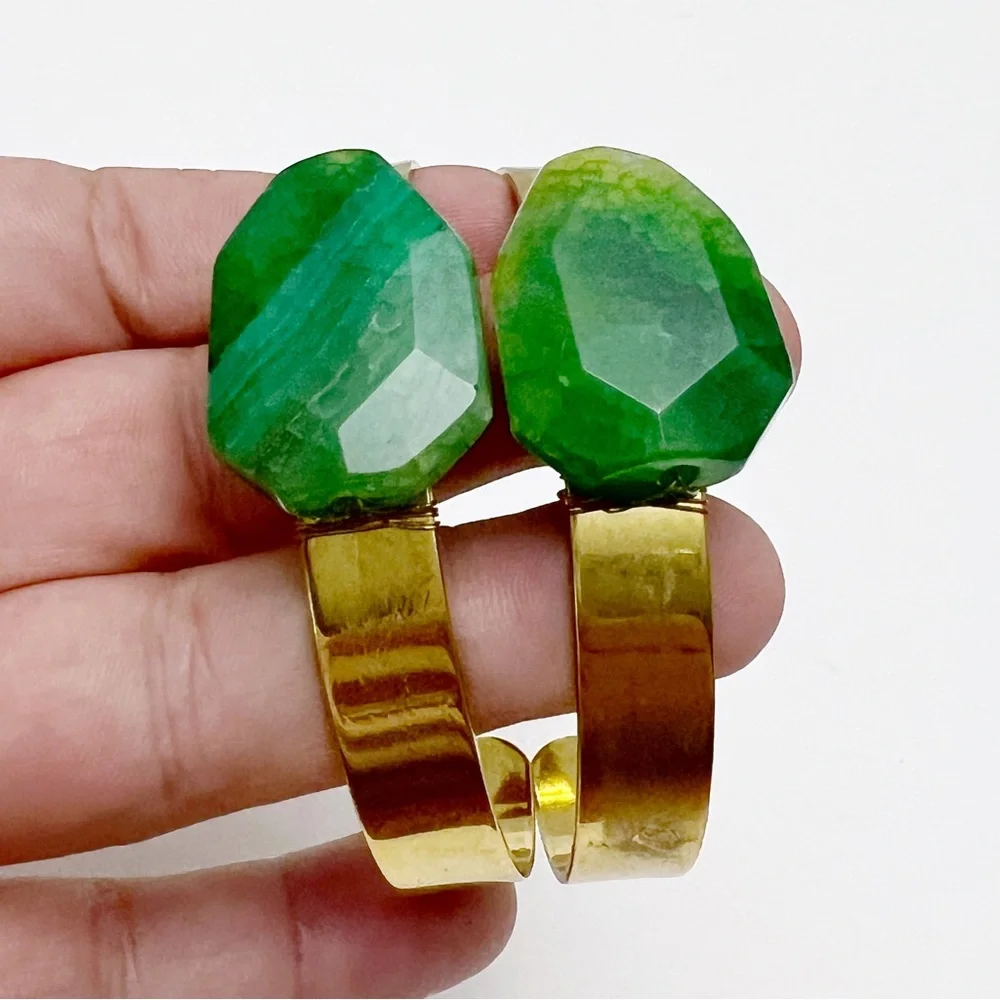 Set of 2 Goldtone Green Agate Stone Cuff Bracelets